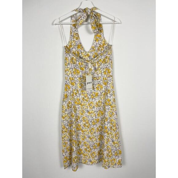 NWT Pact Organic Cotton Fit Flare Halter Dress Size Small Pockets Yellow Floral - Picture 3 of 10